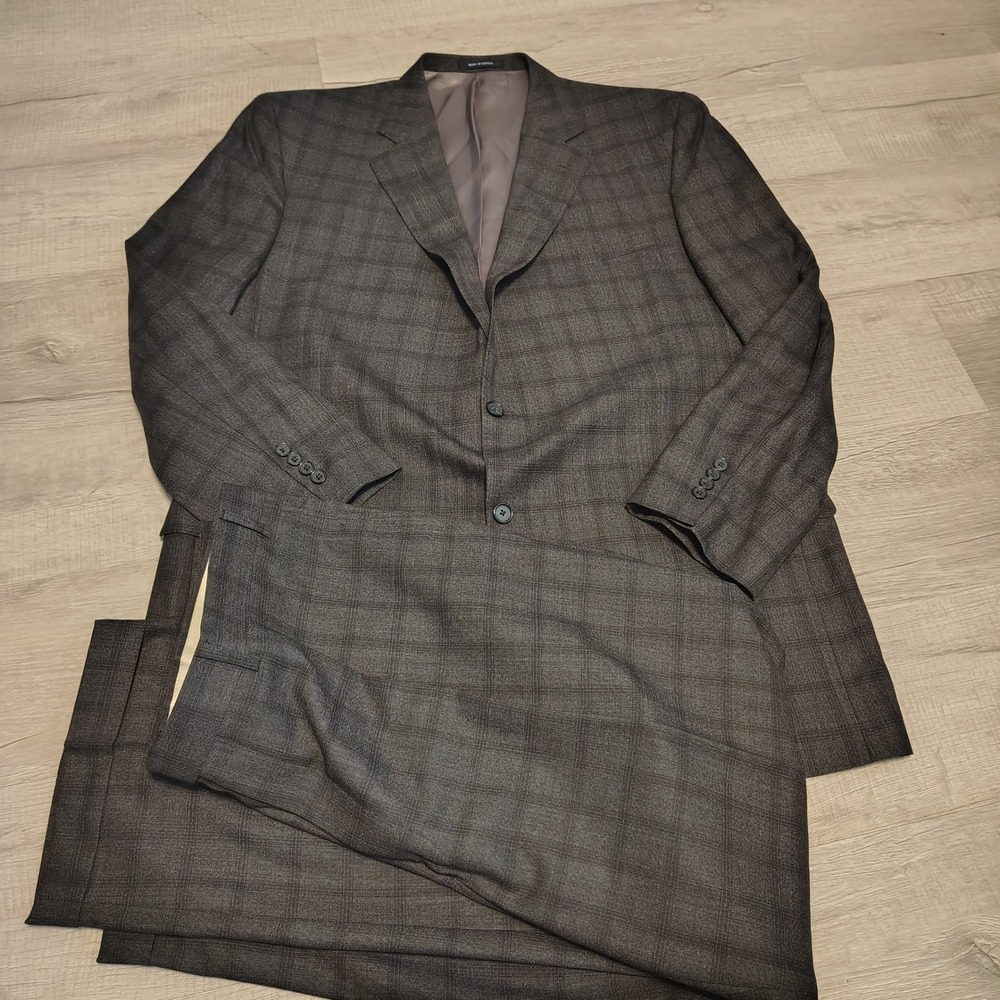 Cremieux Loro Piana Charcoal Grey Plaid 2 Piece Suit Two Button Blazer Slack 48L
